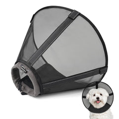 Joypig breathable mesh dog cone front view reduces neck strain and keeps air flowing.