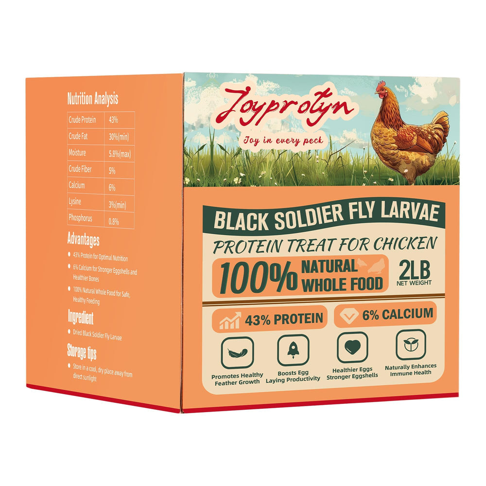 Joyprotyn BSFL 2lb bag of dried larvae for poultry eggshell support.