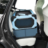 JOYTUTUS collapsible dog crate in car travel setup, compact and secure for road trips.