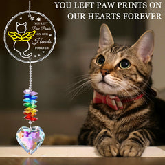 JSTLCD cat memorial suncatcher with rainbow crystals spreading color in sunlight.