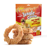 Jungle Calling Beef Tendon Ring close-up, showcasing chewy texture for long-lasting dog enrichment.