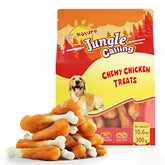 Jungle Calling chicken dog treats package shows rawhide-free formulation for dogs.