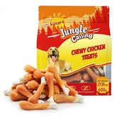 Jungle Calling packaging shows chewy chicken dog treats for quick rewards