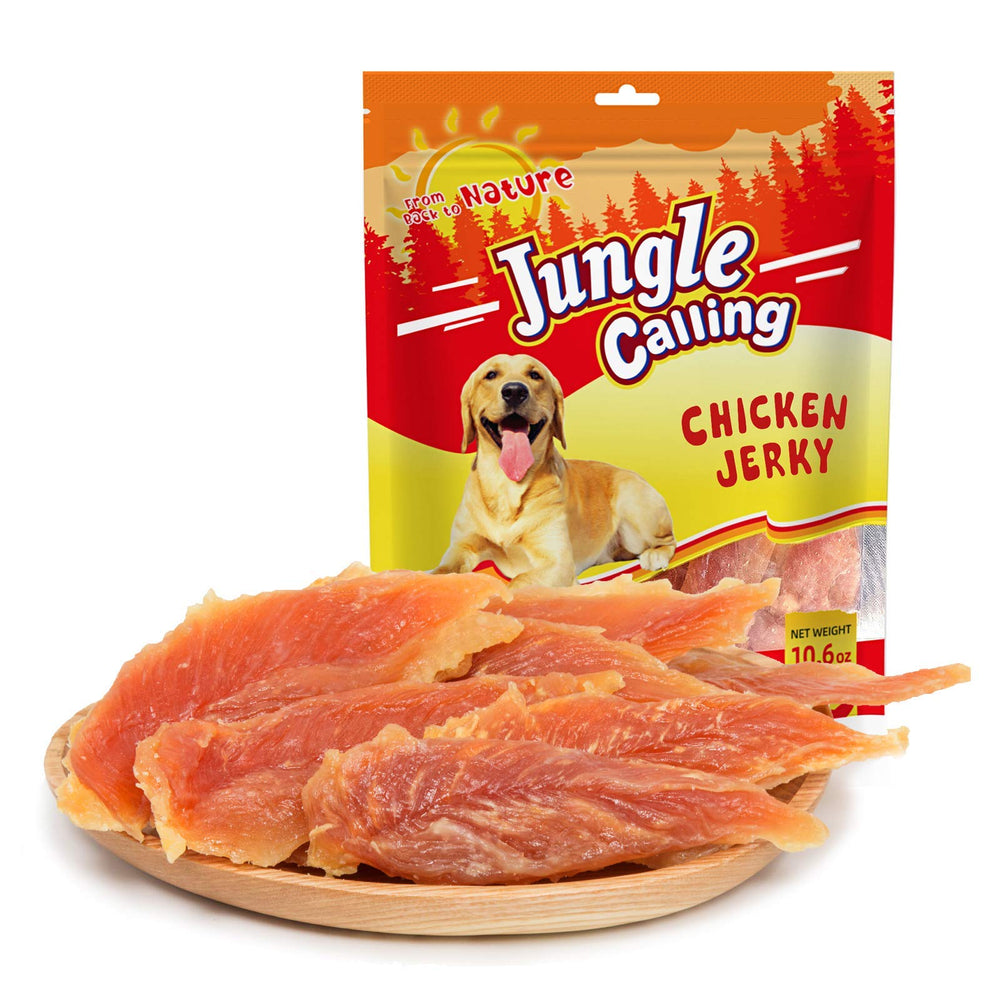 Jungle Calling chicken jerky pack open, premium training treat for dogs.