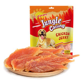 Jungle Calling chicken jerky pack open, premium training treat for dogs.