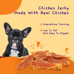 Jungle Calling chicken jerky serving plate, bite-sized dog treats ready.