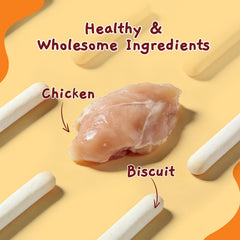 Jungle Calling chicken wrapped biscuit close-up texture β dual crunch aids chewing engagement