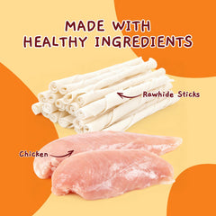 Closeup of Jungle Calling chicken wrapped rawhide stick texture