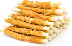 Jungle Calling chicken-wrapped rawhide twists in bag promote chewing engagement for dogs.