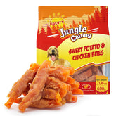 Jungle Calling chicken-wrapped sweet potato treats, ideal training rewards for medium and large dogs.
