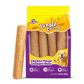 Jungle Calling collagen rolls 7-inch dog treats with chicken flavor for long-lasting chewing.