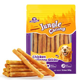 Jungle Calling collagen sticks dog chew, 5in pack shot, supports dental cleaning and tasty chicken flavor.