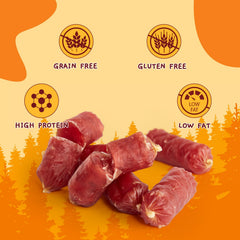 Jungle Calling duck sausage treats close-up texture highlights tender easy chew.