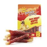 Jungle Calling duck wrapped cod sticks pack — high-protein dog treat for training.
