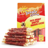 Jungle Calling duck-wrapped rawhide stick close-up; protein-rich chew for dogs.