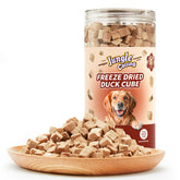 Jungle Calling freeze-dried duck bites in a resealable pack for high-protein training rewards.