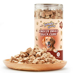 Jungle Calling freeze-dried duck bites in a resealable pack for high-protein training rewards.