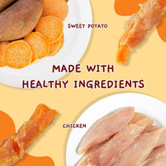 Rawhide-free Jungle Calling dog treats, made with chicken and potato for healthy chews.