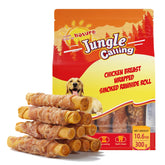 Jungle Calling smoked chicken wrapped rawhide rolls packaging, protein-rich chew for medium and large dogs.