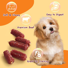 Jungle Calling beef sausage treats breakable pieces close-up, customizable portions.