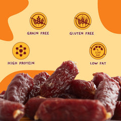 Jungle Calling soft beef sausage treats close-up, tender texture for easy chewing.