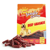 Jungle Calling soft beef sausage treats pack shot, high-protein dog reward.