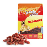 Jungle Calling soft duck sausage treats package close-up showing chewy texture for training.
