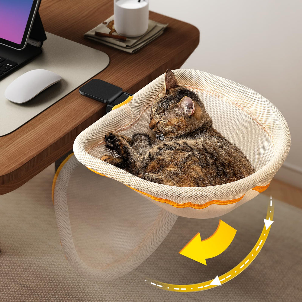 JUNSPOW cat desk bed shows folding button for quick setup and clutter-free workspace.
