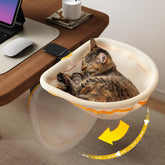JUNSPOW cat desk bed shows folding button for quick setup and clutter-free workspace.