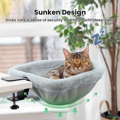 JUNSPOW Cat Desk Bed saving space by hugging the desk edge.