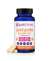 Just Thrive Just Pets Probiotic bottle front view supports daily digestion.