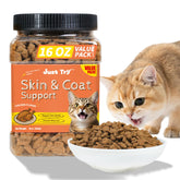 Just Try 16oz Skin & Coat Cat Treats bottle hints at shiny coat benefits.
