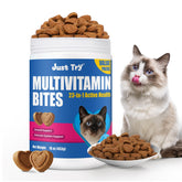 Just Try 23 in 1 taurine cat vitamins bottle label showing complete supplement for indoor cats