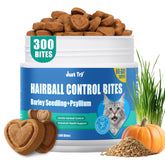 Just Try 300 Bites Hairball Treats bottle shown for easy administration and hairball support.