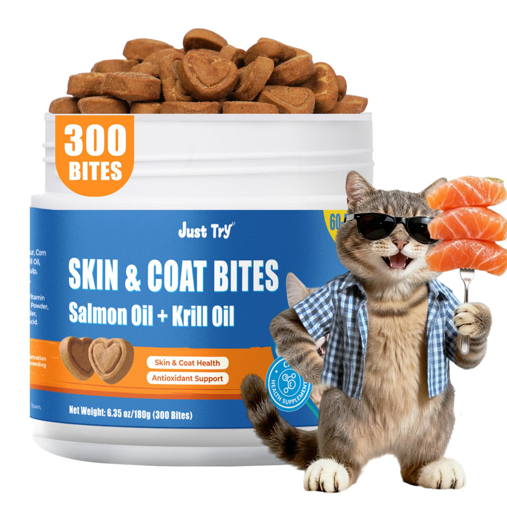Just Try 300 Bites bottle for skin and coat support, promoting a shiny fur.