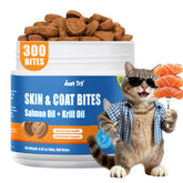 Just Try 300 Bites bottle for skin and coat support, promoting a shiny fur.