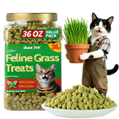 Just Try 36oz cat treats in a resealable jar for indoor hairball support.