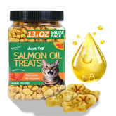 Just Try cat grass treats with salmon oil pack, resealable for freshness.