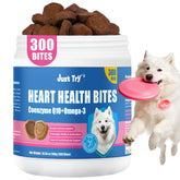 Just Try Coenzyme Q10 Heart Bites bottle showing heart support for dogs