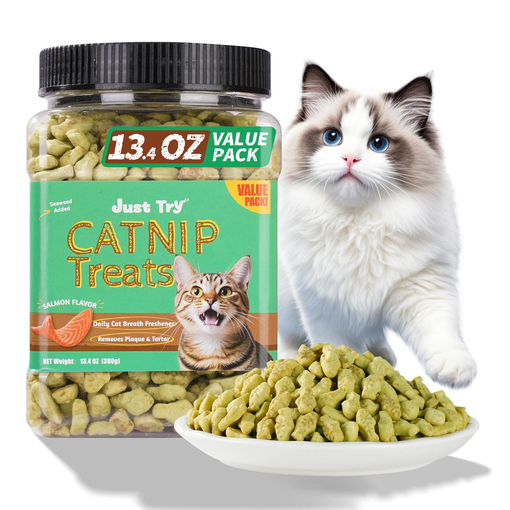Just Try Crunchy Cat Treats catnip front view entices cats with catnip aroma.