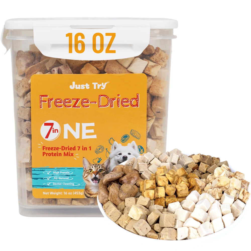 Just Try freeze-dried dog treats in mixed-flavors bowl, ideal for tasty rewards