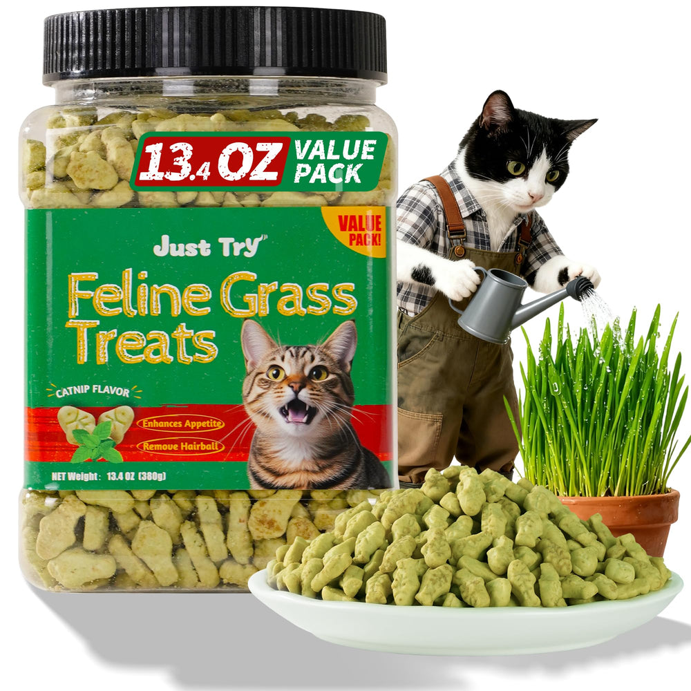 Just Try hairball salmon indoor cat treats help reduce hairballs and support digestion.