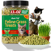 Just Try hairball salmon indoor cat treats help reduce hairballs and support digestion.