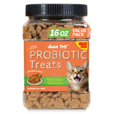 Just Try probiotic cat treats bag shows fresh, flavorful snacking in a resealable package.