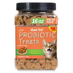 Just Try probiotic cat treats bag shows fresh, flavorful snacking in a resealable package.