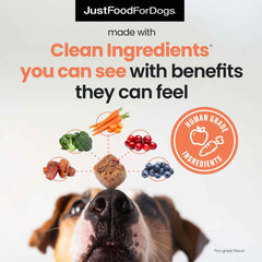 JustFoodForDogs algae oil omega-3 ingredient panel highlights skin and coat support
