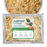 JustFoodForDogs chicken and rice frozen meal served in a bowl for balanced nutrition.