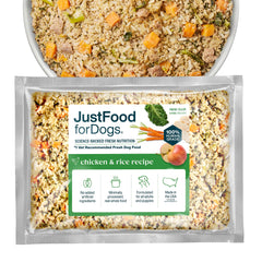 JustFoodForDogs chicken and rice frozen meal served in a bowl for balanced nutrition.