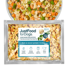 JustFoodForDogs frozen-dog-food-topper-bowl shows a fish-forward recipe for a healthy coat.