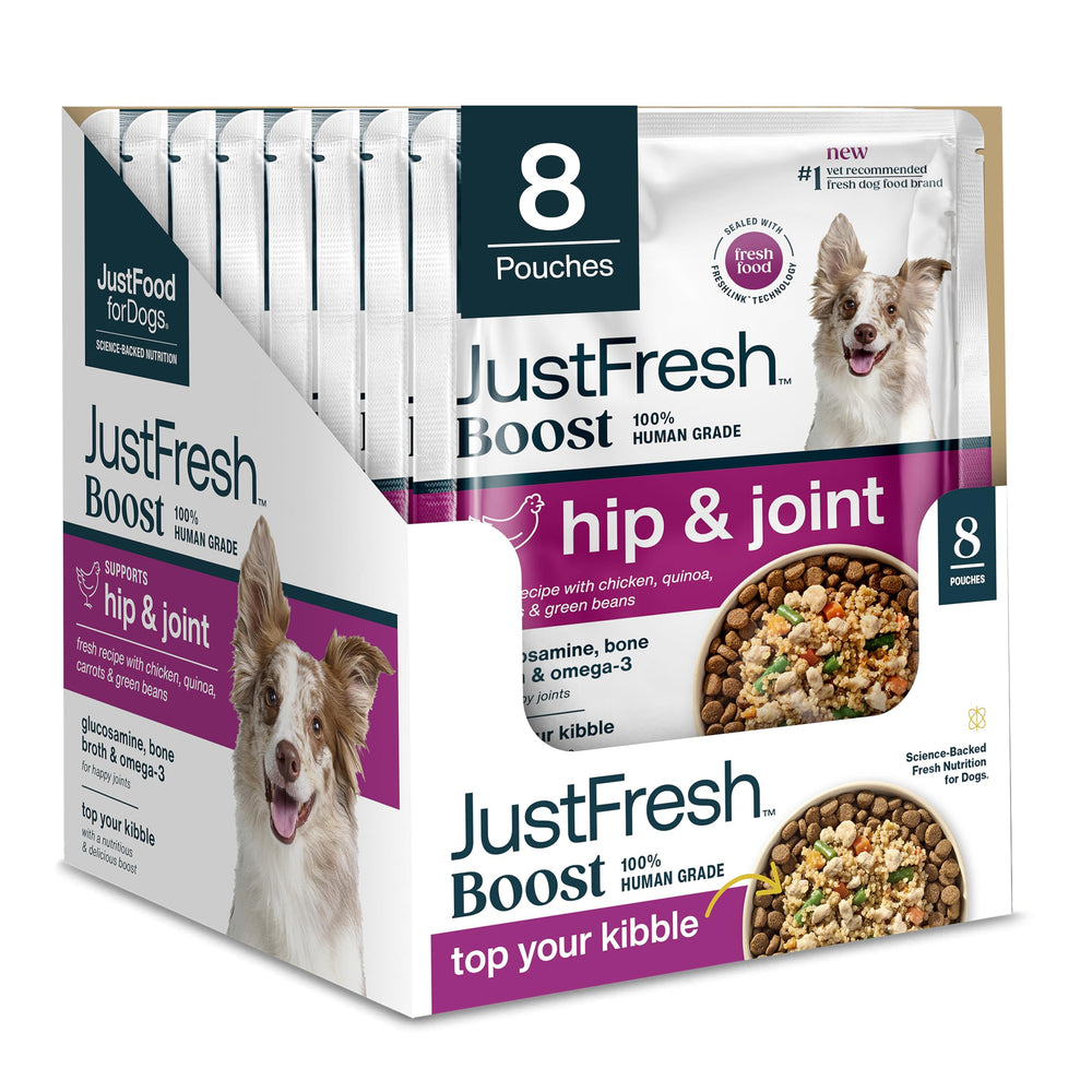 JustFoodForDogs JustFresh Boost hip-joint-topper pouch supports mobility with a tasty daily topping